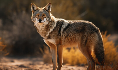 Naklejka na ściany i meble sunset photo of coyote in its natural habitat. Generative AI