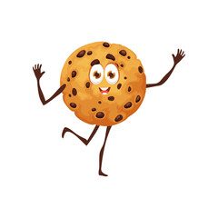 Cartoon cookie funny character with chocolate chips. Isolated vector biscuit bakery fairy tale personage with smiling face and big eyes waving arms. Fresh pastry, dessert with crispy choco pieces