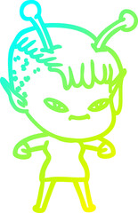 cold gradient line drawing of a cute cartoon alien girl