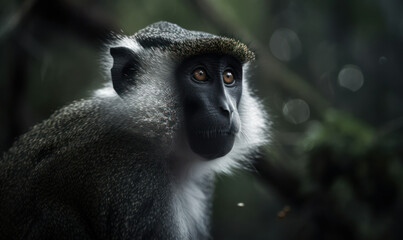 Fototapeta premium Photo of DeBrazza's monkey, captured in its natural habitat of dense African forests. image showcasing its striking black and white facial markings. Generative AI