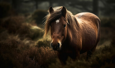 close up photo of Dartmoor, breed of pony on blurry forest background. Generative AI