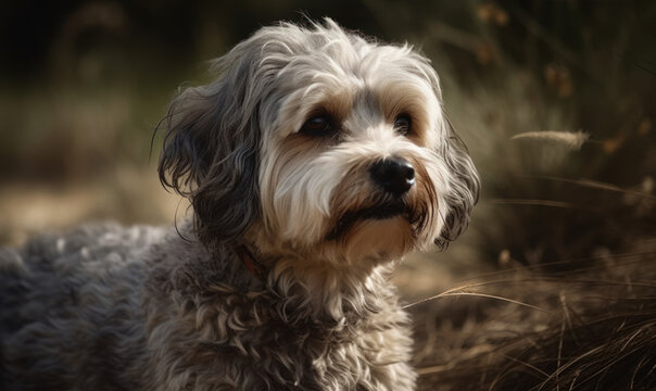close up photo of Dandie Dinmont terrier with blurry forest background. Generative AI