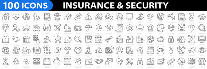 Insurance & Security 100 icon set. Healthcare medical, life, car, home, travel insurance, secured payment, encryption, safety, insurance, data protection, detector and more. Vector illustration. - obrazy, fototapety, plakaty