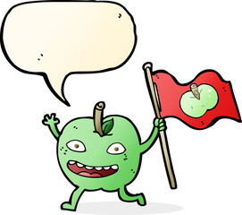 cartoon apple with flag with speech bubble