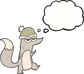 freehand drawn thought bubble cartoon little wolf wearing hat
