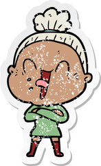 distressed sticker of a cartoon happy old woman