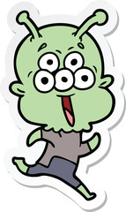 sticker of a happy cartoon alien running