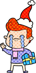 hand drawn comic book style illustration of a man crying wearing santa hat