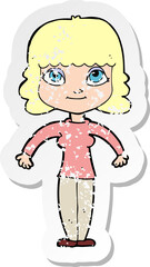 retro distressed sticker of a cartoon woman shrugging shoulders