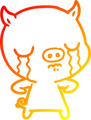 warm gradient line drawing of a cartoon pig crying