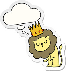 cartoon lion with crown with thought bubble as a printed sticker