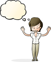 cartoon pretty woman with hands in air with thought bubble
