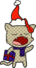 hand drawn comic book style illustration of a cat with christmas present wearing santa hat