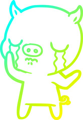 cold gradient line drawing of a cartoon pig crying