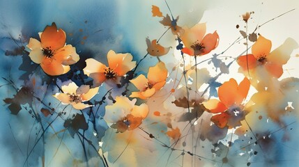 Watercolor Blends: Subtle, Relaxing Abstract Shapes in Harmonious Pale Orange Set Against a Soft Blue Background - generative ai 