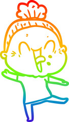 rainbow gradient line drawing of a cartoon happy old woman