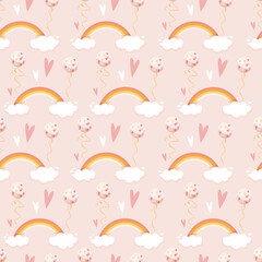Pink vector print. Pink,white and yellow set with rainbow, clouds, helium ballons and hearts. Baby shower vector pattern for fabric, textile, wrapping paper, cards ets. Newborn, girls illustration.
