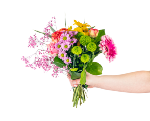 Giving flowers as a gift. Isolated on transparent white background