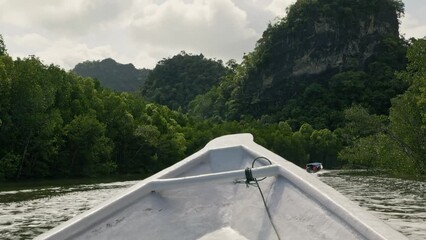 Tourist boats travelling along a river of the Kilim Geoforest Park in Lankawi, Malaysia. Hand held wide shot