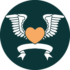 tattoo style icon with banner of a heart with wings