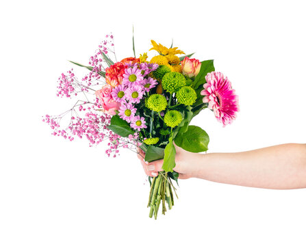 Giving flowers as a gift. Isolated on transparent white background