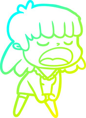 cold gradient line drawing of a cartoon woman talking loudly