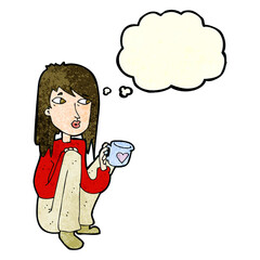 cartoon woman sitting with cup of coffee with thought bubble