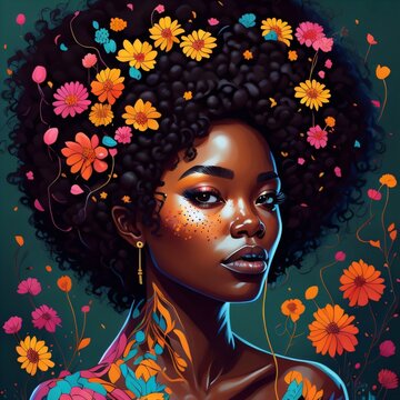 Portrait Of Black Woman With Flowers On Head Illustration