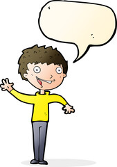 cartoon happy boy waving with speech bubble