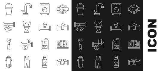 Set line Industry metallic pipe, Test tube with water drop, and valve, Washer, Toilet bowl, Broken, Bucket and manometer icon. Vector