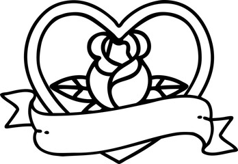 tattoo in black line style of a heart rose and banner