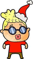 hand drawn textured cartoon of a woman wearing spectacles wearing santa hat