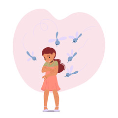 Mosquitoes Bite Child, Causing Itch, Redness, Swelling. Can Transmit Diseases Like Dengue, Malaria, Vector Illustration