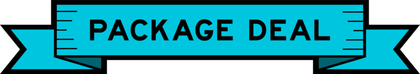 Ribbon label banner with word package deal in blue color on white background