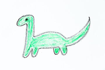 Green color oil pastel hand drawing in dinosaur (brachiosaurus) shape on white paper background