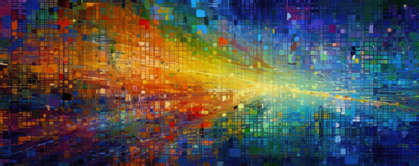 Abstract colorful background. DX, digital transformation with human creativity and imagination.  
Diverse entities represented by colors, unified by digital and AI technology. Generative AI based.