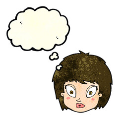 cartoon surprised female face with thought bubble