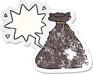 cartoon old hessian sack with speech bubble distressed distressed old sticker