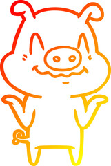 warm gradient line drawing of a nervous cartoon pig