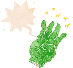 cartoon spooky magic hand with speech bubble in grunge distressed retro textured style
