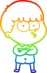 rainbow gradient line drawing of a cartoon curious boy