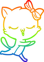 rainbow gradient line drawing of a cartoon cat with bow on head