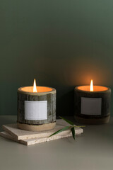 Scented candles made of bamboo, indoor tabletop background