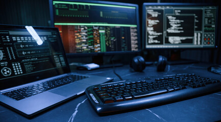 Keyboard and screens. Cyber criminal haker dark room for massive attack of corporate big data servers