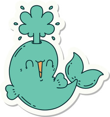 sticker of a tattoo style happy squirting whale character