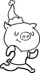 happy hand drawn line drawing of a pig running wearing santa hat