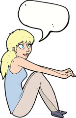 cartoon happy woman sitting with speech bubble