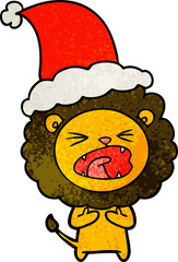 hand drawn textured cartoon of a lion wearing santa hat
