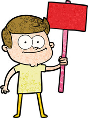 cartoon happy man with placard
