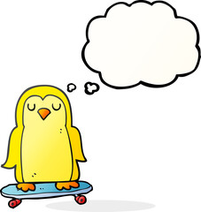 freehand drawn thought bubble cartoon bird on skateboard